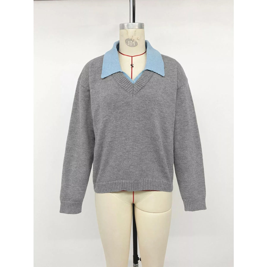 Contrast Collar Dropped Shoulder Sweater Apparel and Accessories