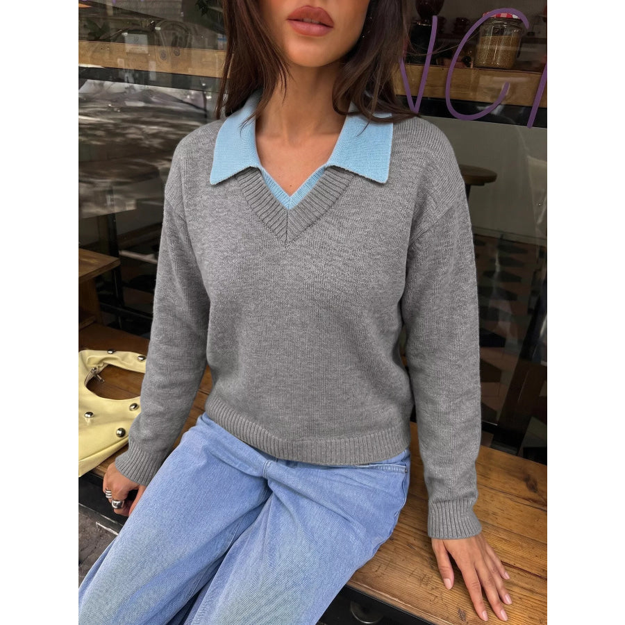 Contrast Collar Dropped Shoulder Sweater Apparel and Accessories