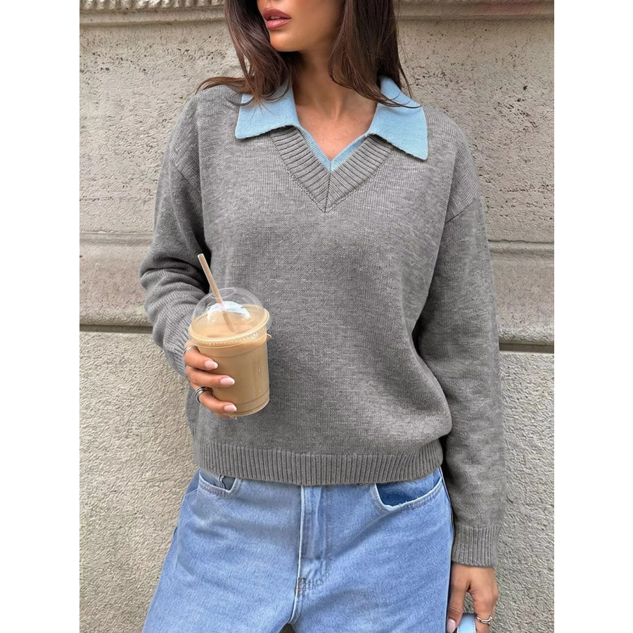 Contrast Collar Dropped Shoulder Sweater Gray / S Apparel and Accessories
