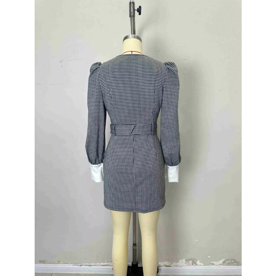Contrast Collar Houndstooth Mini Dress Apparel and Accessories