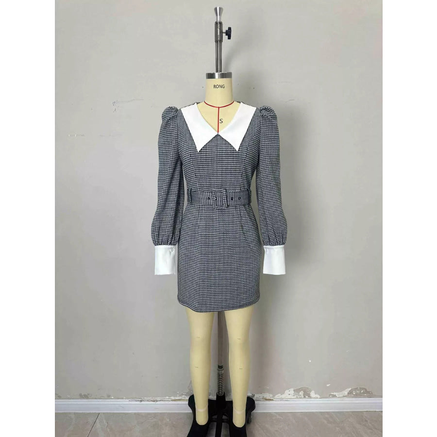 Contrast Collar Houndstooth Mini Dress Apparel and Accessories