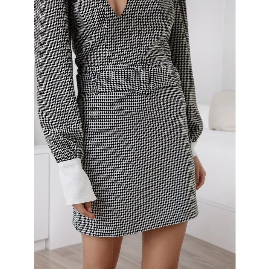 Contrast Collar Houndstooth Mini Dress Black / S Apparel and Accessories