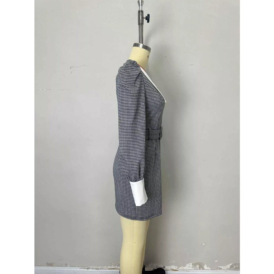 Contrast Collar Houndstooth Mini Dress Apparel and Accessories