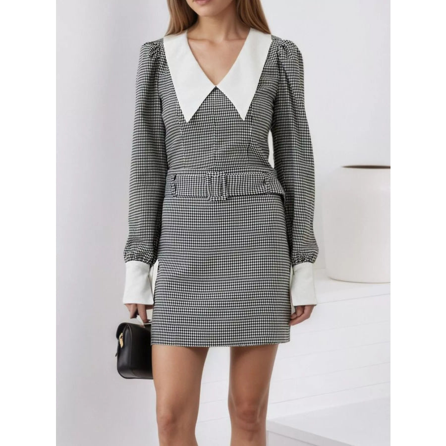 Contrast Collar Houndstooth Mini Dress Black / S Apparel and Accessories
