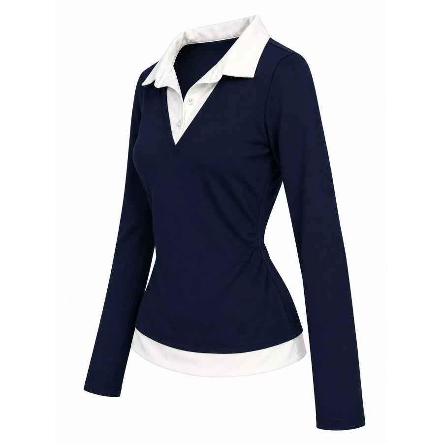 Contrast Collar Long Sleeve T-Shirt Apparel and Accessories