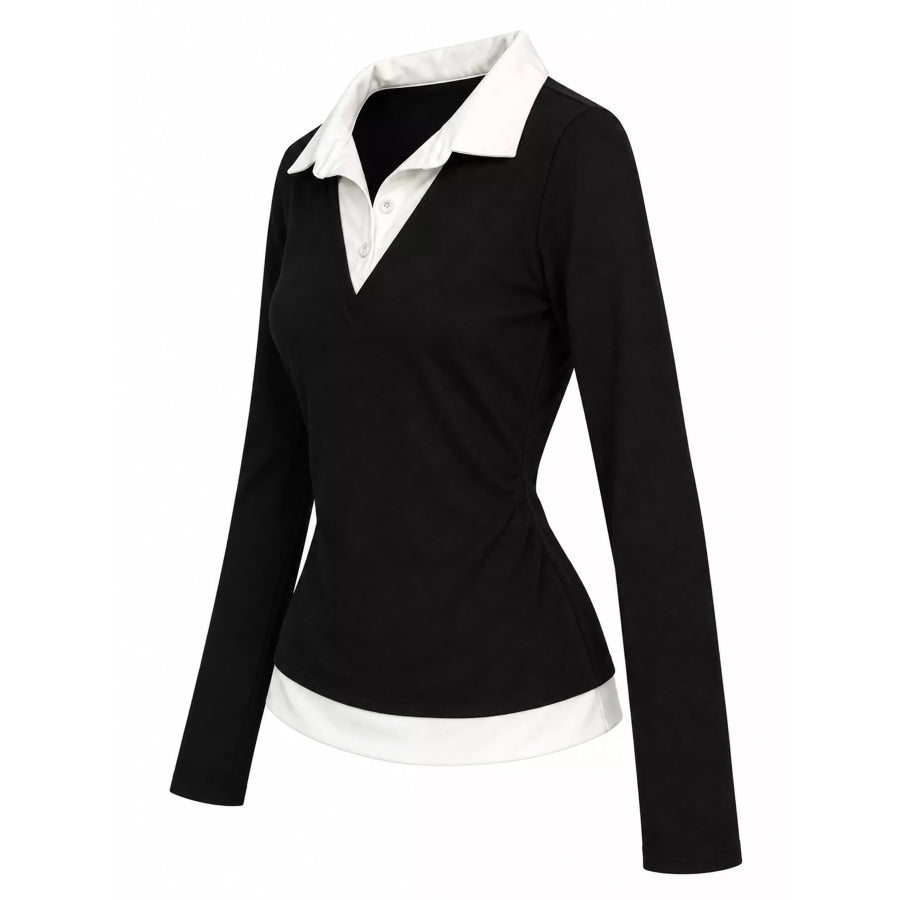 Contrast Collar Long Sleeve T-Shirt Apparel and Accessories