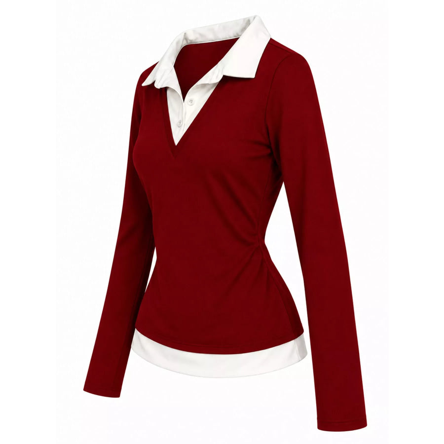 Contrast Collar Long Sleeve T-Shirt Apparel and Accessories