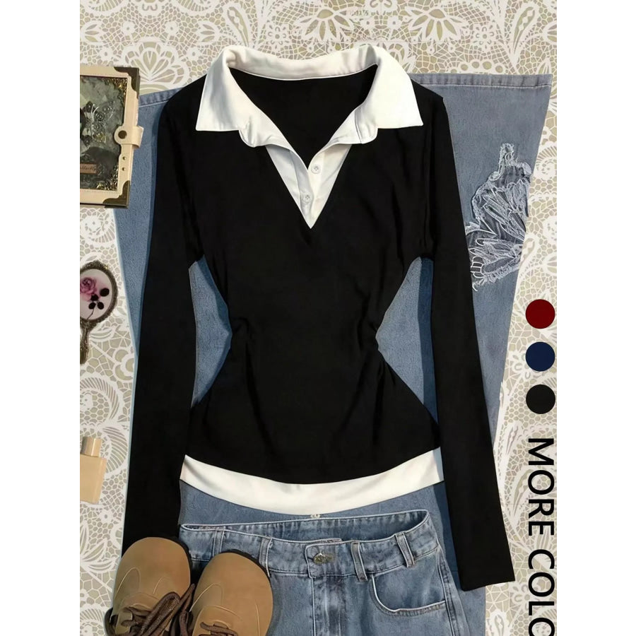 Contrast Collar Long Sleeve T-Shirt Black / S Apparel and Accessories