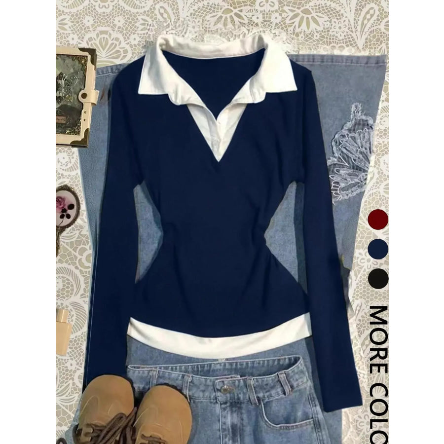 Contrast Collar Long Sleeve T-Shirt Dark Blue / S Apparel and Accessories