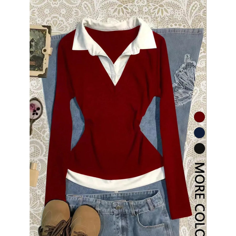 Contrast Collar Long Sleeve T-Shirt Dark Red / S Apparel and Accessories