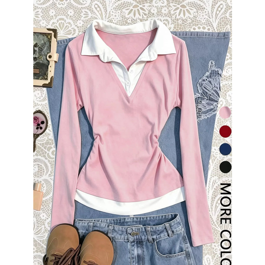 Contrast Collar Long Sleeve T-Shirt Pink / S Apparel and Accessories