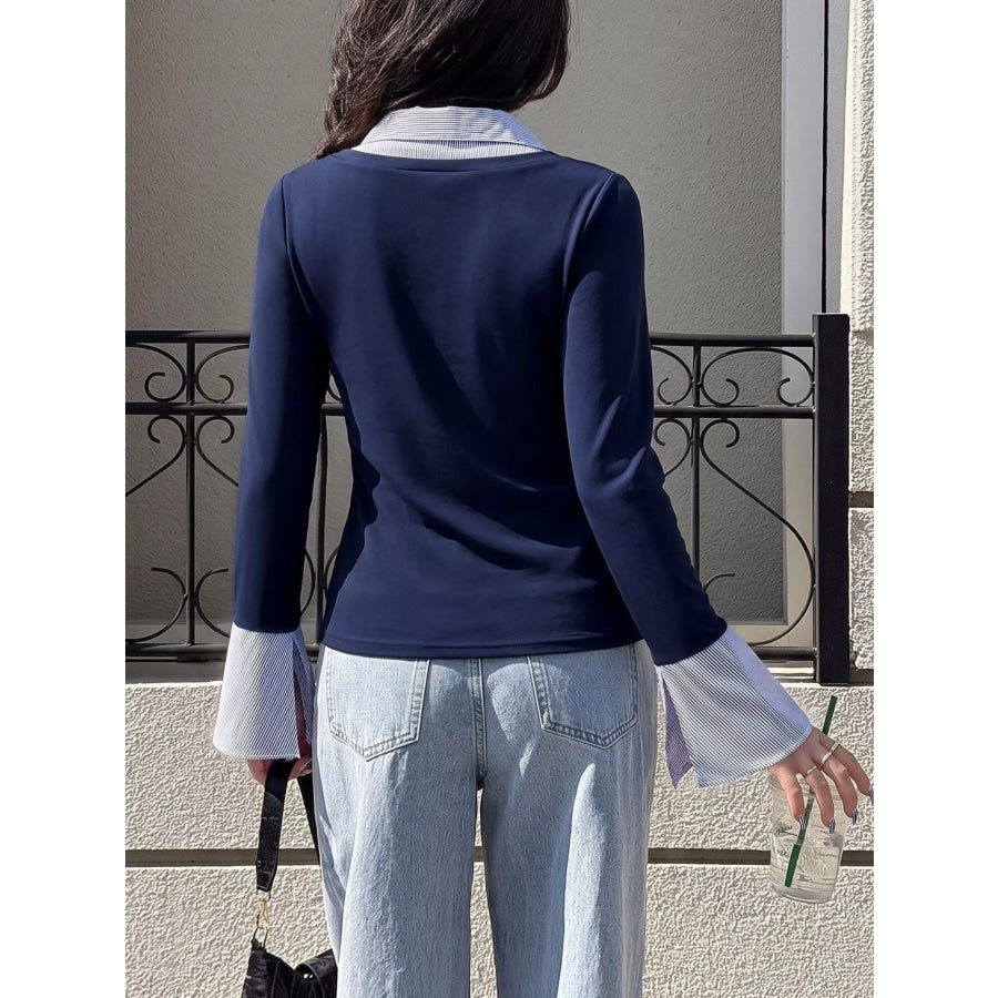 Contrast Collar Long Sleeve Top Apparel and Accessories