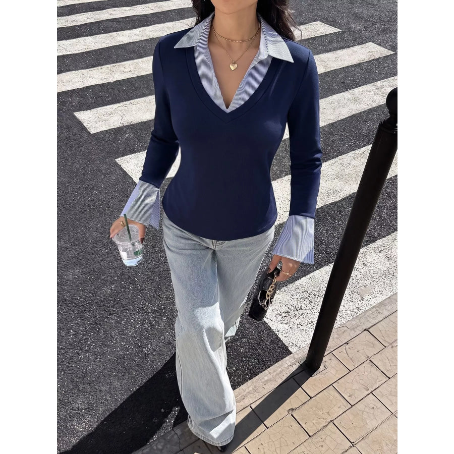 Contrast Collar Long Sleeve Top Apparel and Accessories