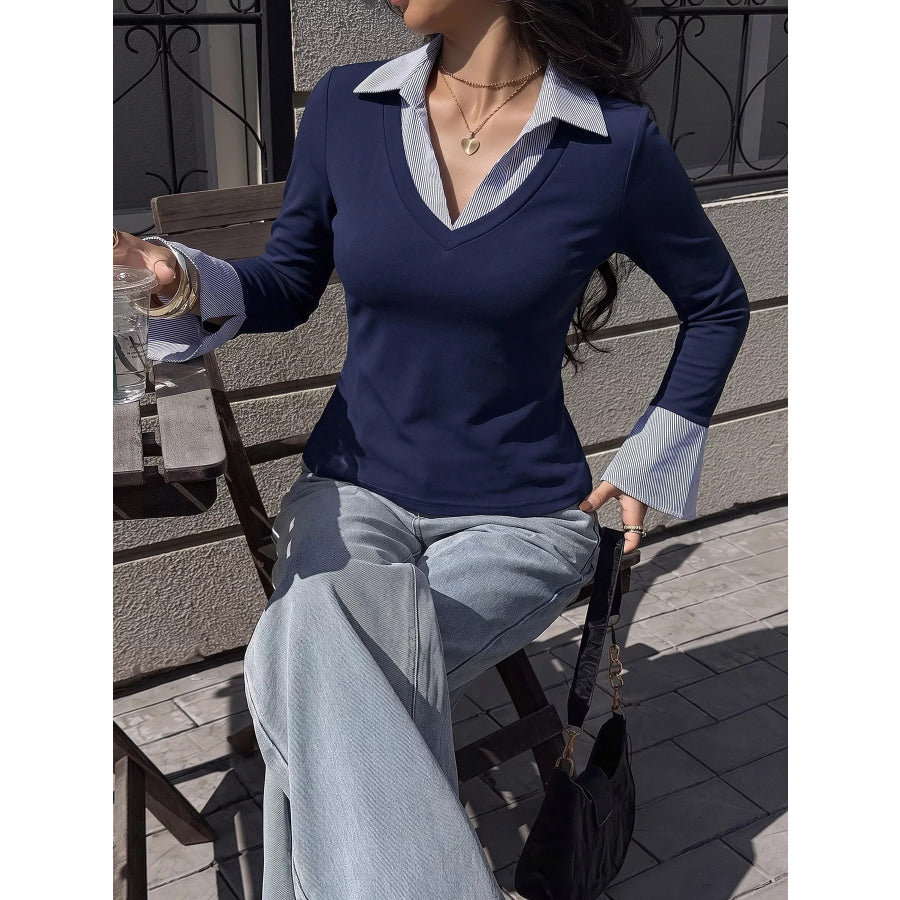 Contrast Collar Long Sleeve Top Apparel and Accessories
