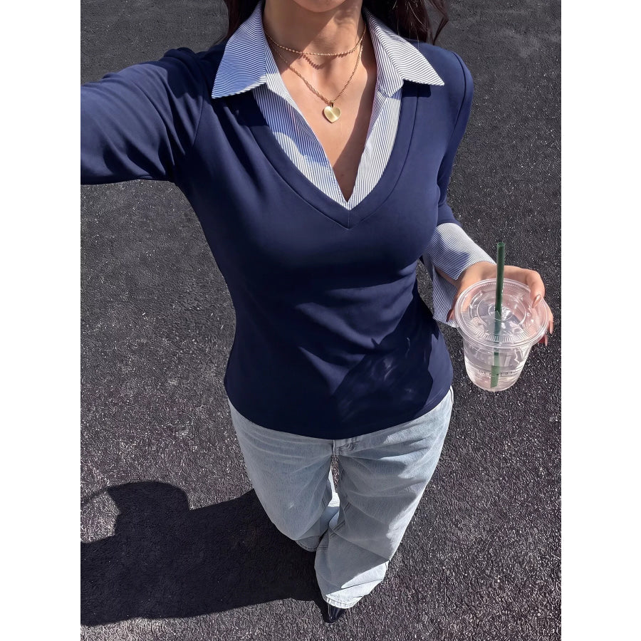 Contrast Collar Long Sleeve Top Apparel and Accessories