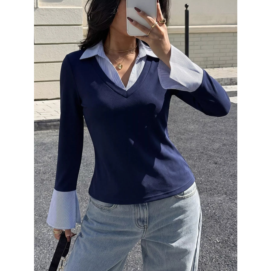 Contrast Collar Long Sleeve Top Dark Blue / M Apparel and Accessories