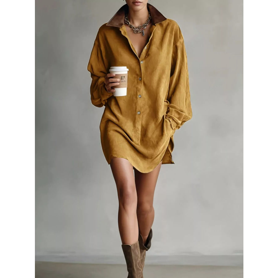 Contrast Collar Mini Shirt Dress Caramel / XS Apparel and Accessories