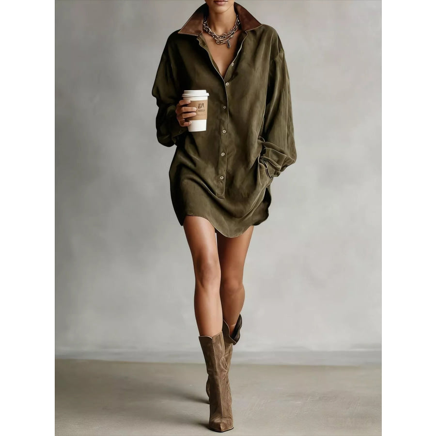 Contrast Collar Mini Shirt Dress Moss / XS Apparel and Accessories