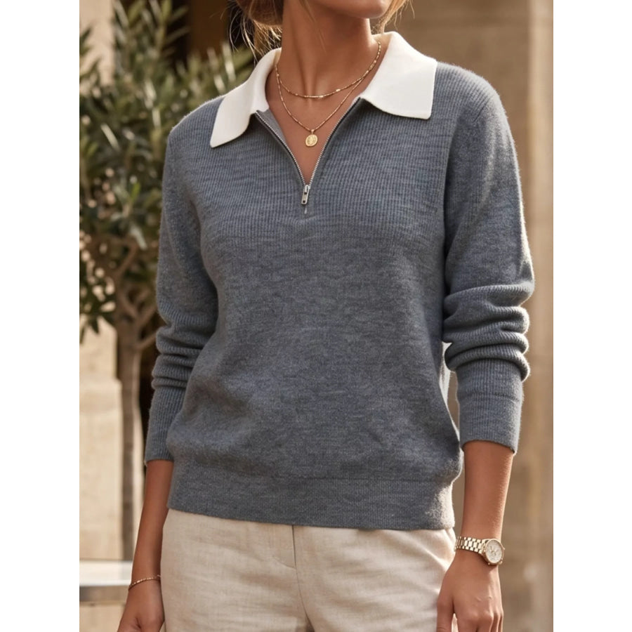 Contrast Collar Quarter Zip Sweater Apparel and Accessories