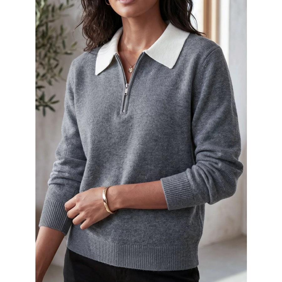 Contrast Collar Quarter Zip Sweater Apparel and Accessories