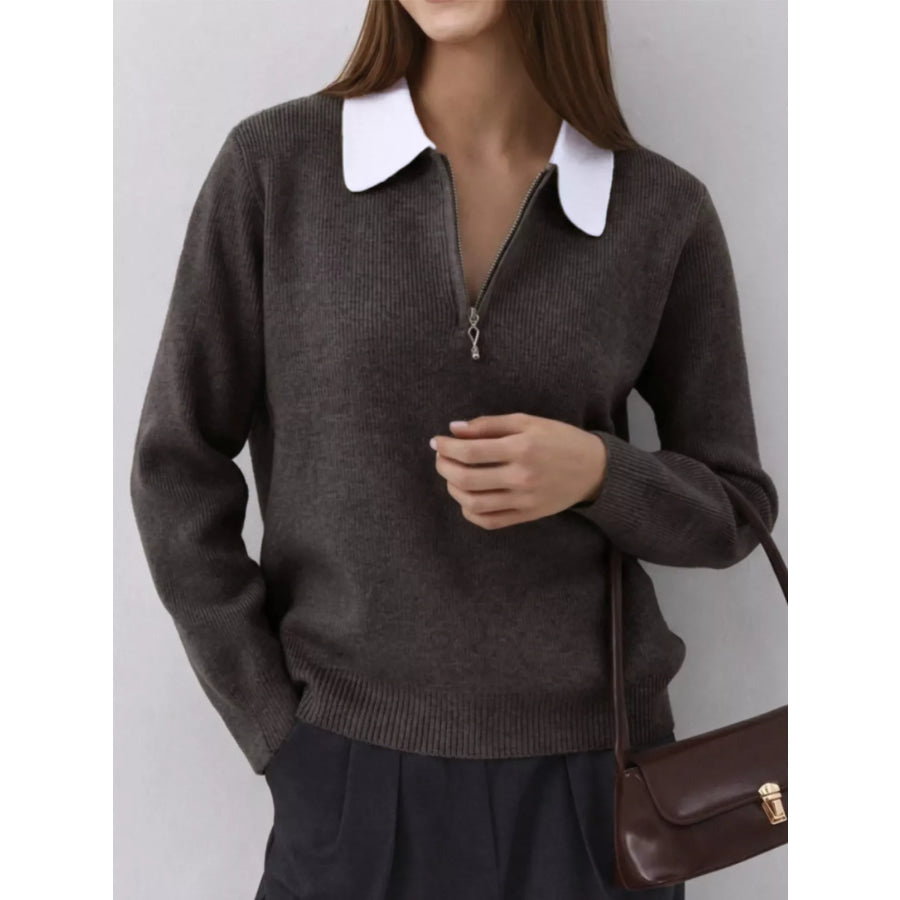 Contrast Collar Quarter Zip Sweater Brown / S Apparel and Accessories