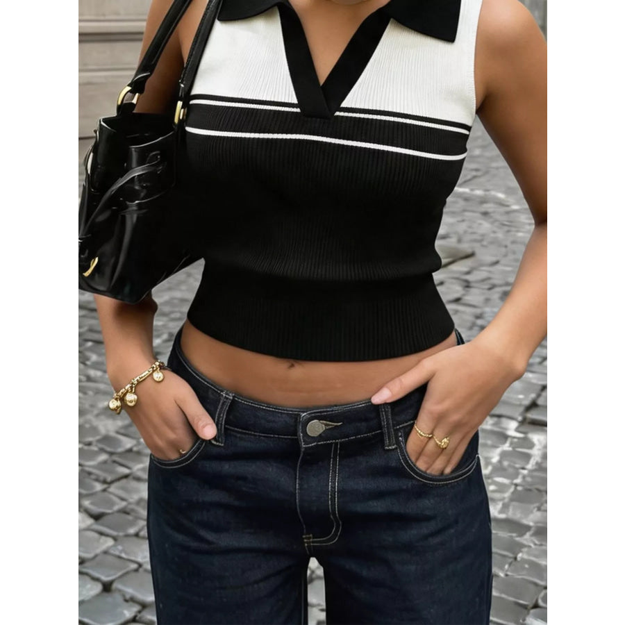 Contrast Collar Striped Knit Sweater Vest Apparel and Accessories