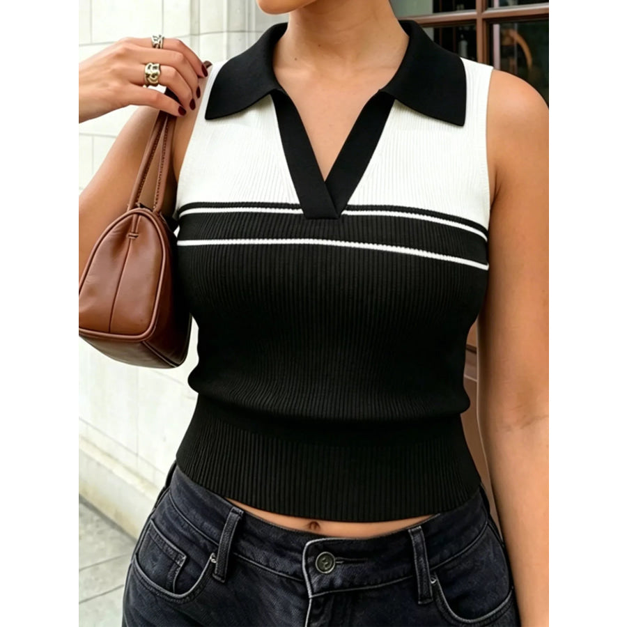 Contrast Collar Striped Knit Sweater Vest Black / S Apparel and Accessories