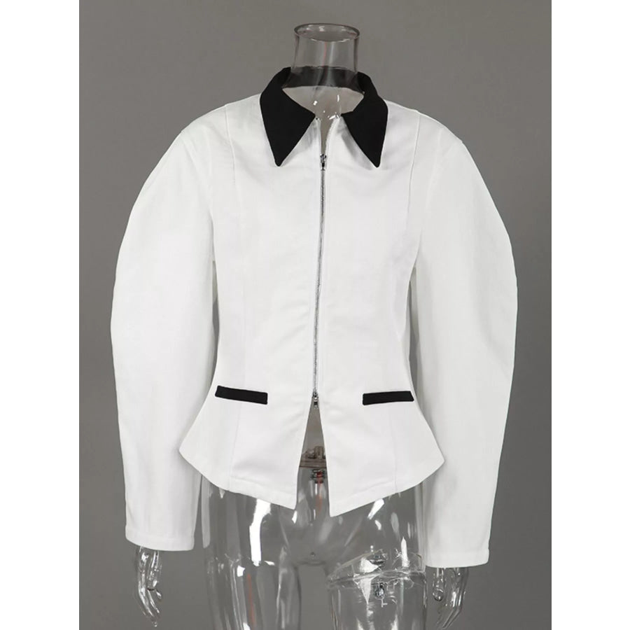 Contrast Collar Zip-Up Jacket Apparel and Accessories