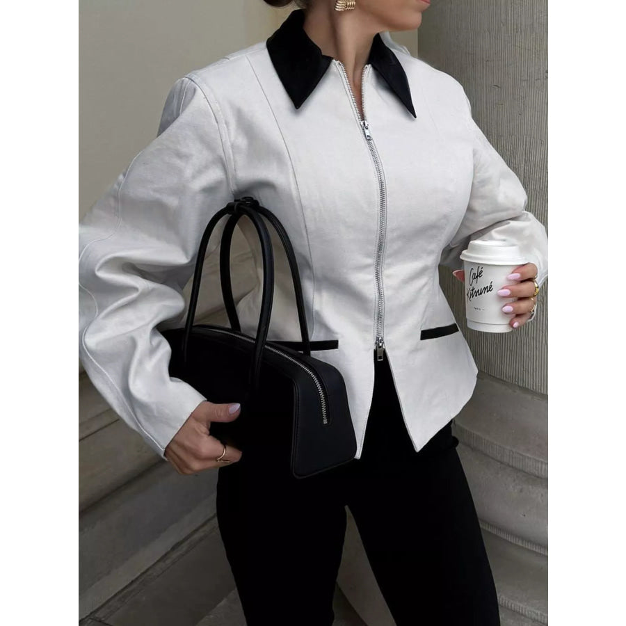 Contrast Collar Zip-Up Jacket Apparel and Accessories