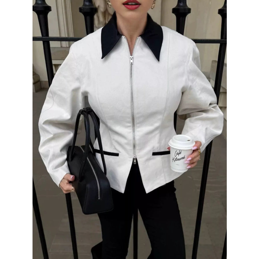 Contrast Collar Zip-Up Jacket Apparel and Accessories