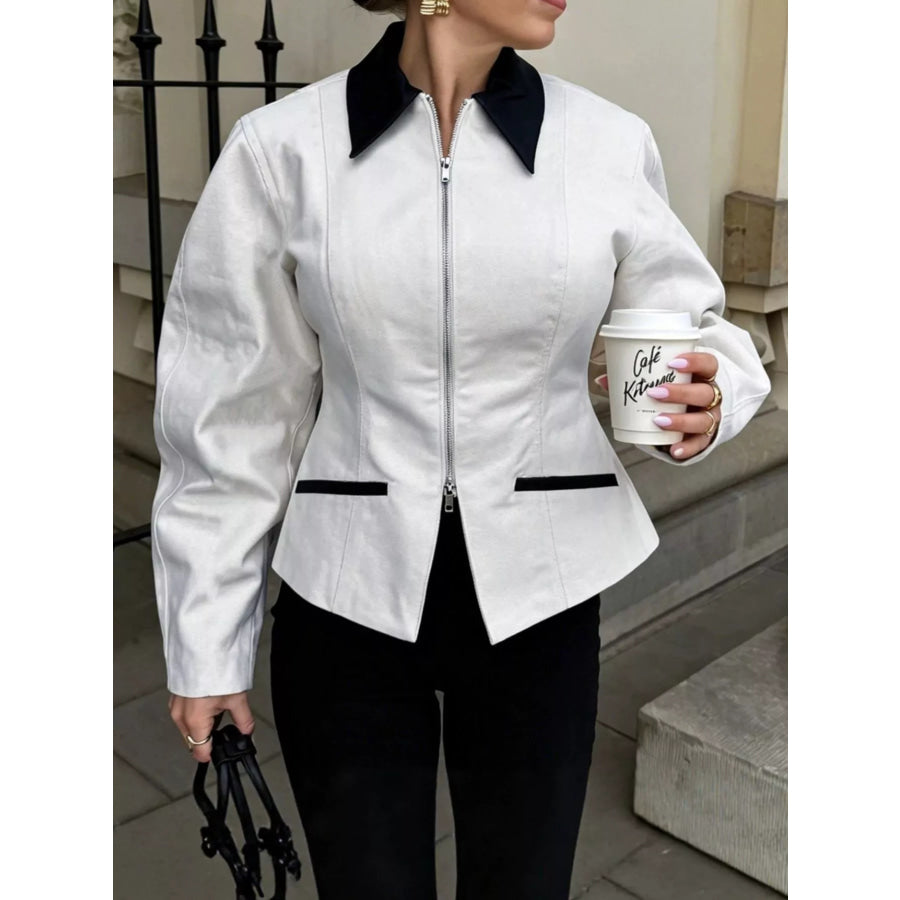 Contrast Collar Zip-Up Jacket Apparel and Accessories