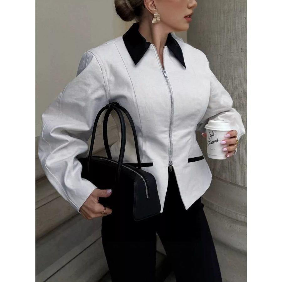 Contrast Collar Zip-Up Jacket White / S Apparel and Accessories