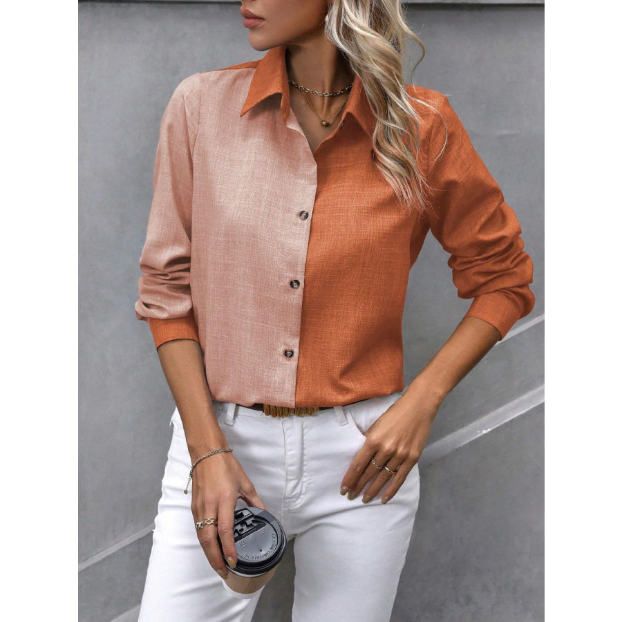 Contrast Collared Neck Long Sleeve Shirt Apparel and Accessories