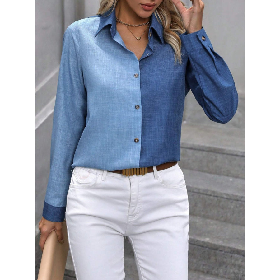 Contrast Collared Neck Long Sleeve Shirt Apparel and Accessories