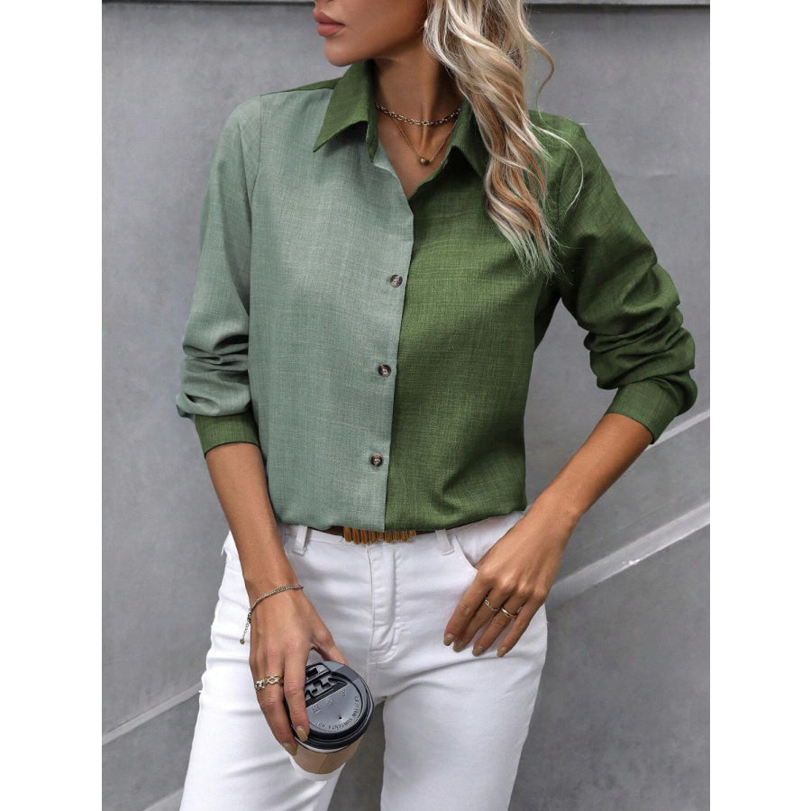 Contrast Collared Neck Long Sleeve Shirt Apparel and Accessories