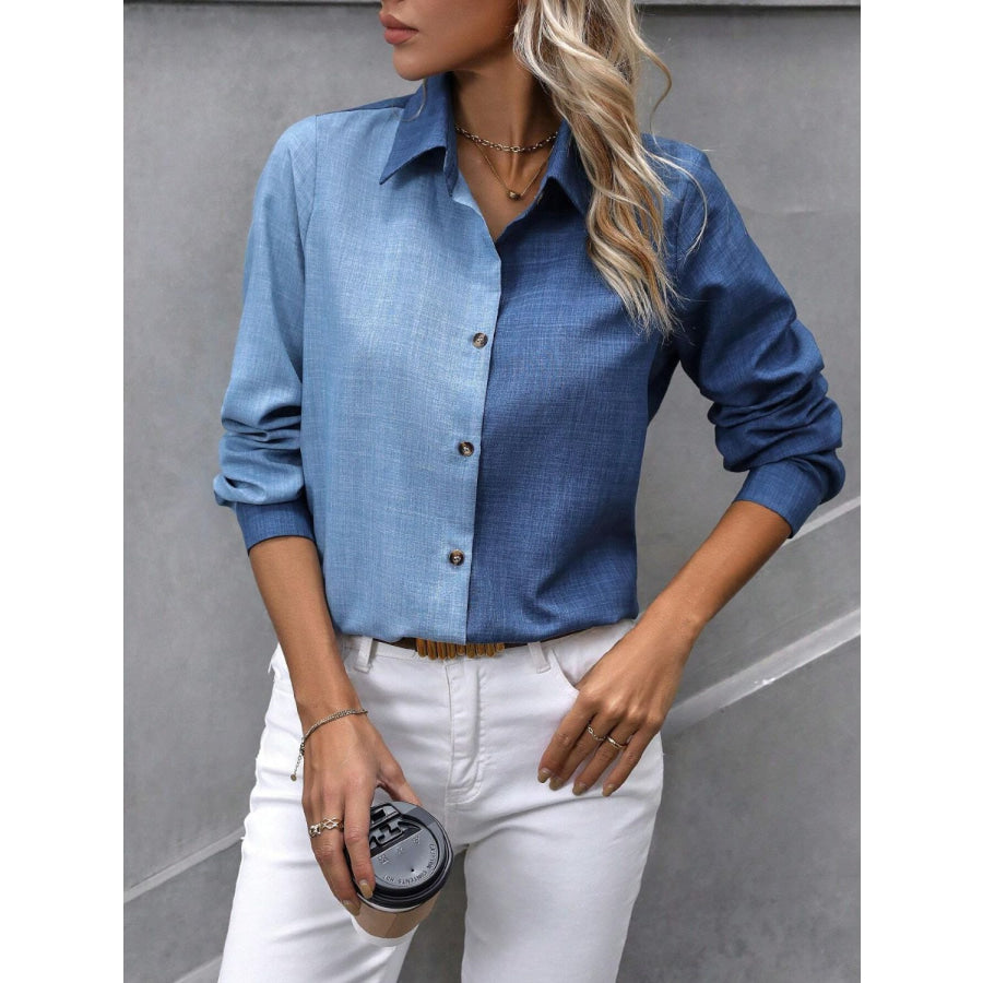 Contrast Collared Neck Long Sleeve Shirt Blue / S Apparel and Accessories