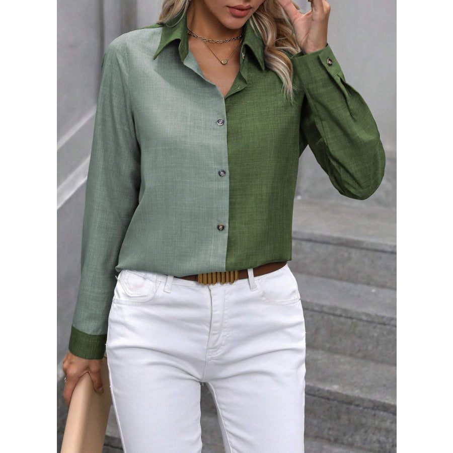 Contrast Collared Neck Long Sleeve Shirt Moss / S Apparel and Accessories