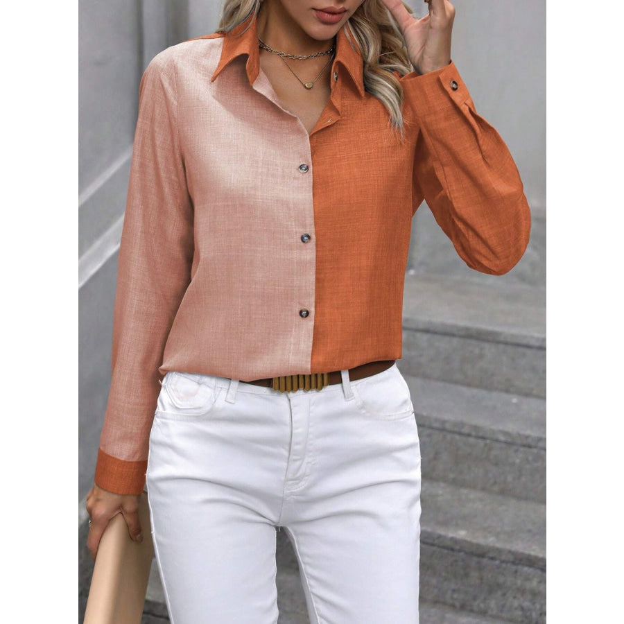 Contrast Collared Neck Long Sleeve Shirt Orange / S Apparel and Accessories