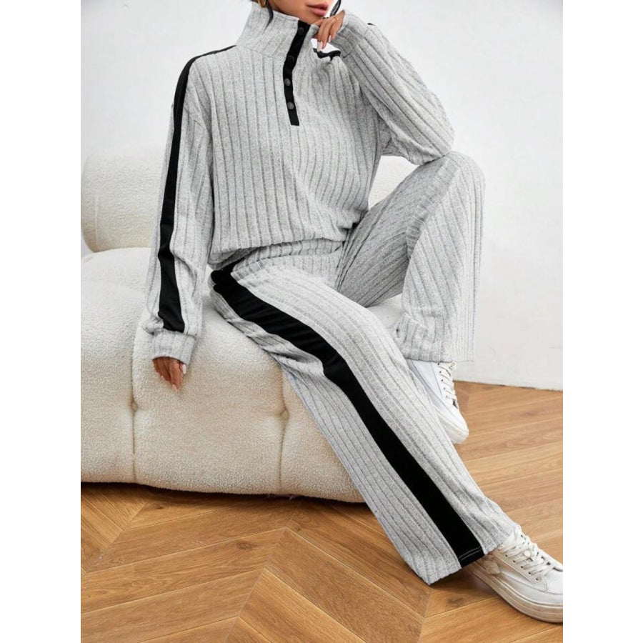Contrast Collared Neck Long Sleeve Top and Pants Set Apparel and Accessories