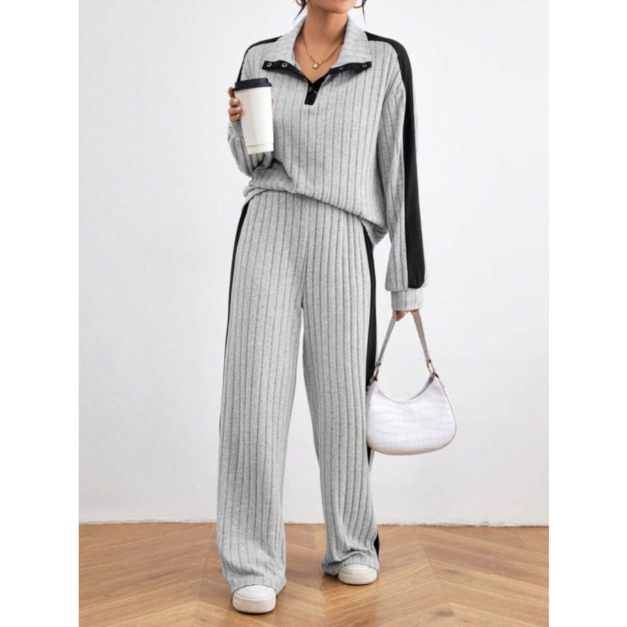 Contrast Collared Neck Long Sleeve Top and Pants Set Apparel and Accessories