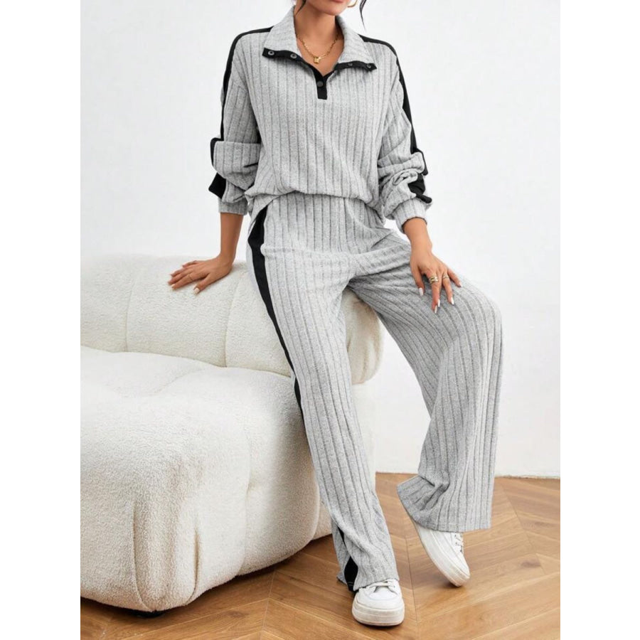 Contrast Collared Neck Long Sleeve Top and Pants Set Apparel and Accessories
