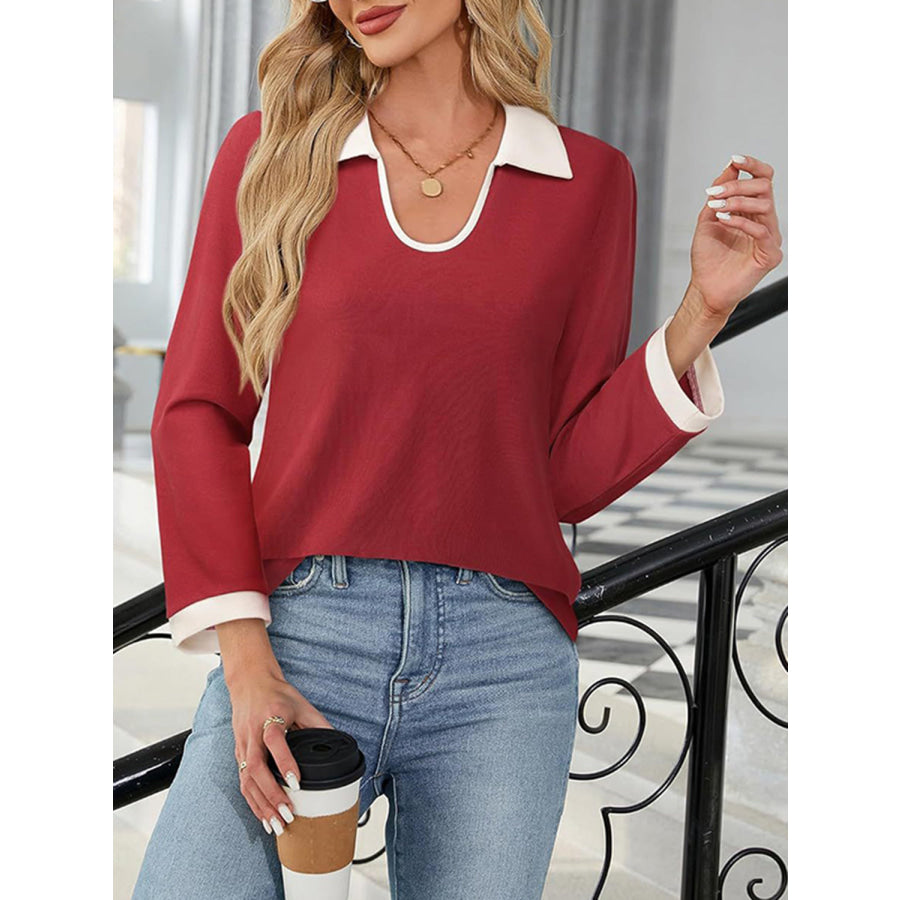 Contrast Collared Neck Long Sleeve Top Apparel and Accessories