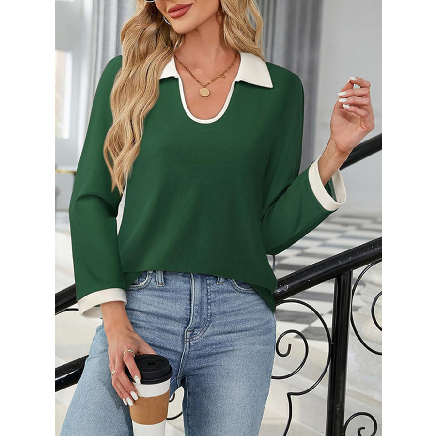 Contrast Collared Neck Long Sleeve Top Apparel and Accessories