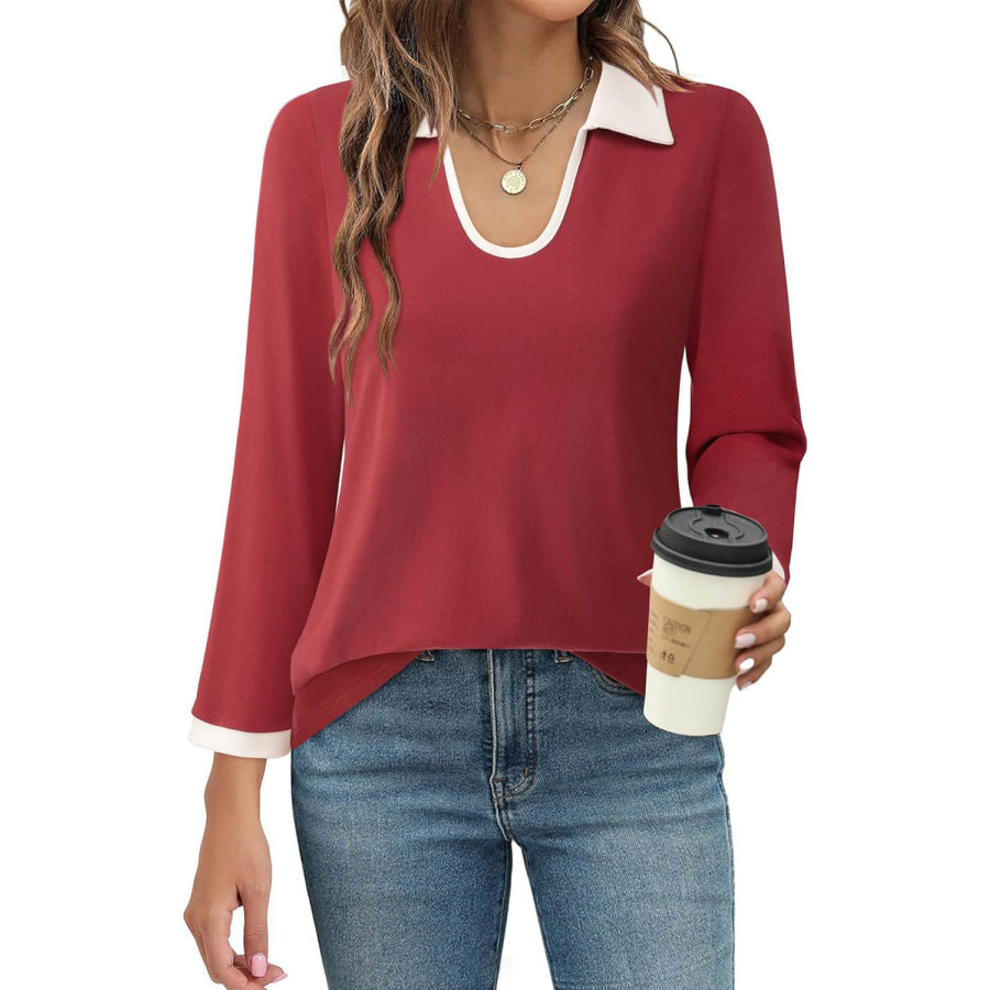 Contrast Collared Neck Long Sleeve Top Apparel and Accessories