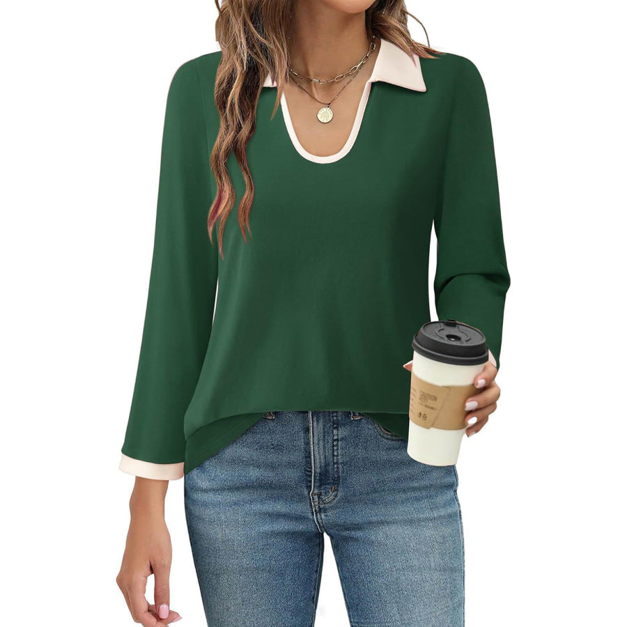 Contrast Collared Neck Long Sleeve Top Apparel and Accessories