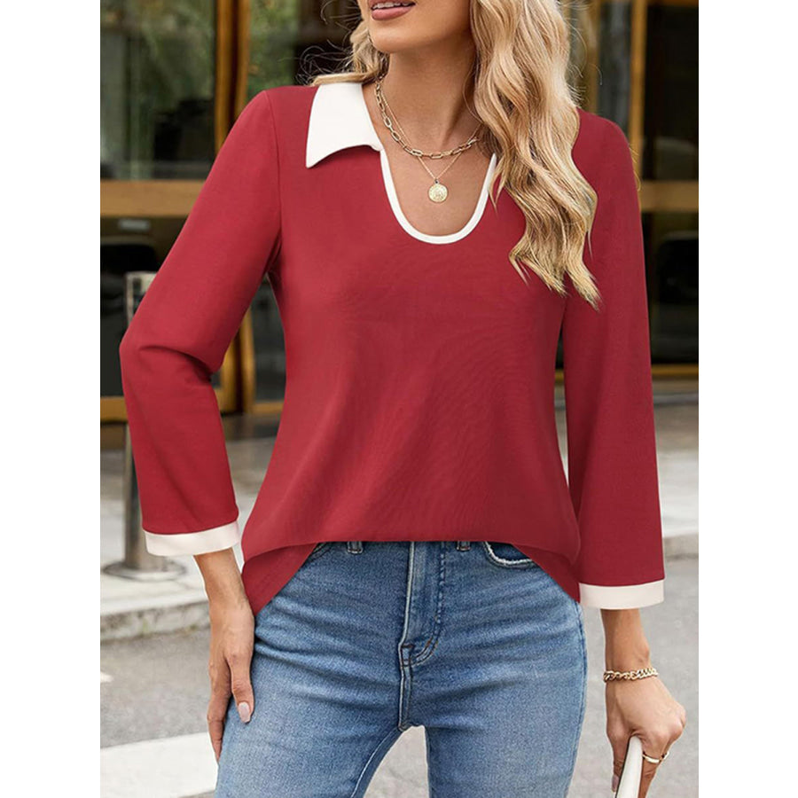 Contrast Collared Neck Long Sleeve Top Apparel and Accessories