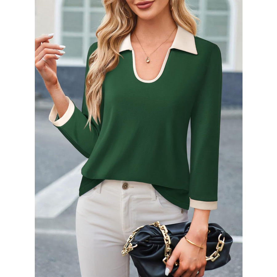 Contrast Collared Neck Long Sleeve Top Dark Green / M Apparel and Accessories