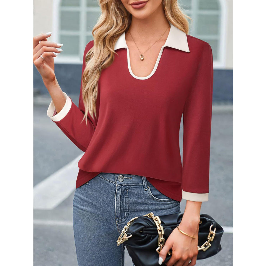 Contrast Collared Neck Long Sleeve Top Rust / M Apparel and Accessories