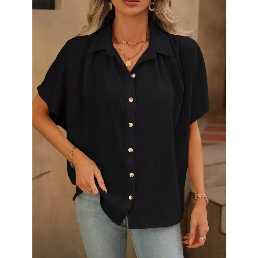 Contrast Collared Neck Short Sleeve Shirt Apparel and Accessories