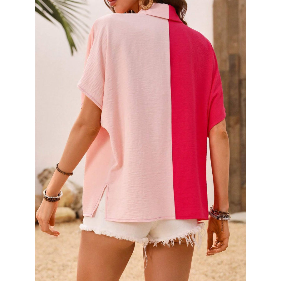 Contrast Collared Neck Short Sleeve Shirt Blush Pink / S Apparel and Accessories